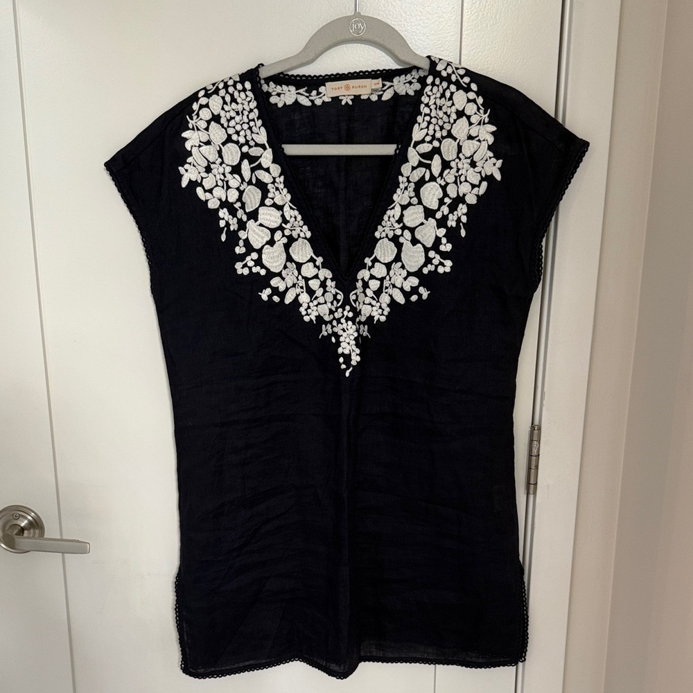 Tory Burch Navy Blue Top with White Floral Embroidery